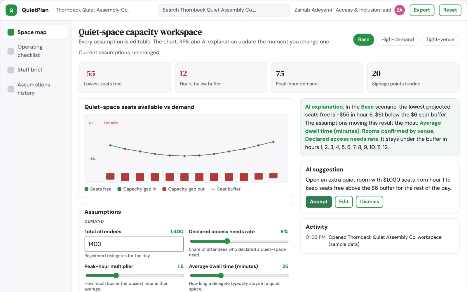 Screenshot of the Event quiet-space design planner interactive demo