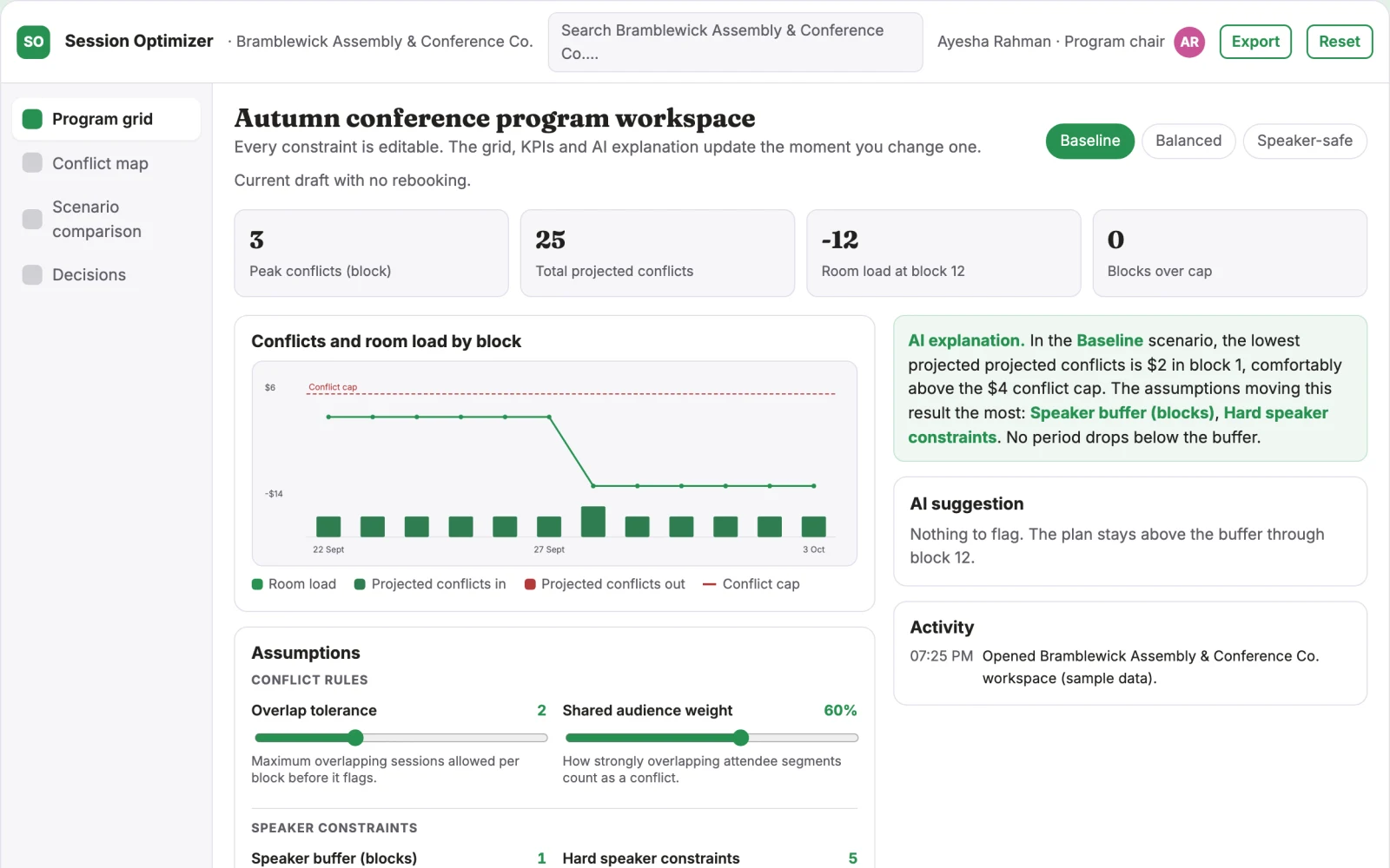 Screenshot of the Event session conflict optimizer interactive demo