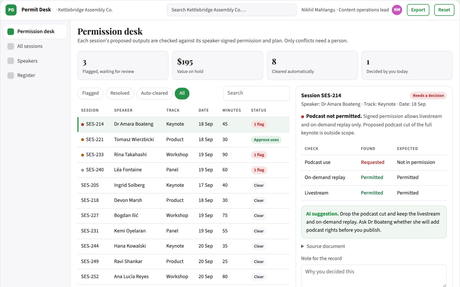 Screenshot of the Event session recording permission desk interactive demo