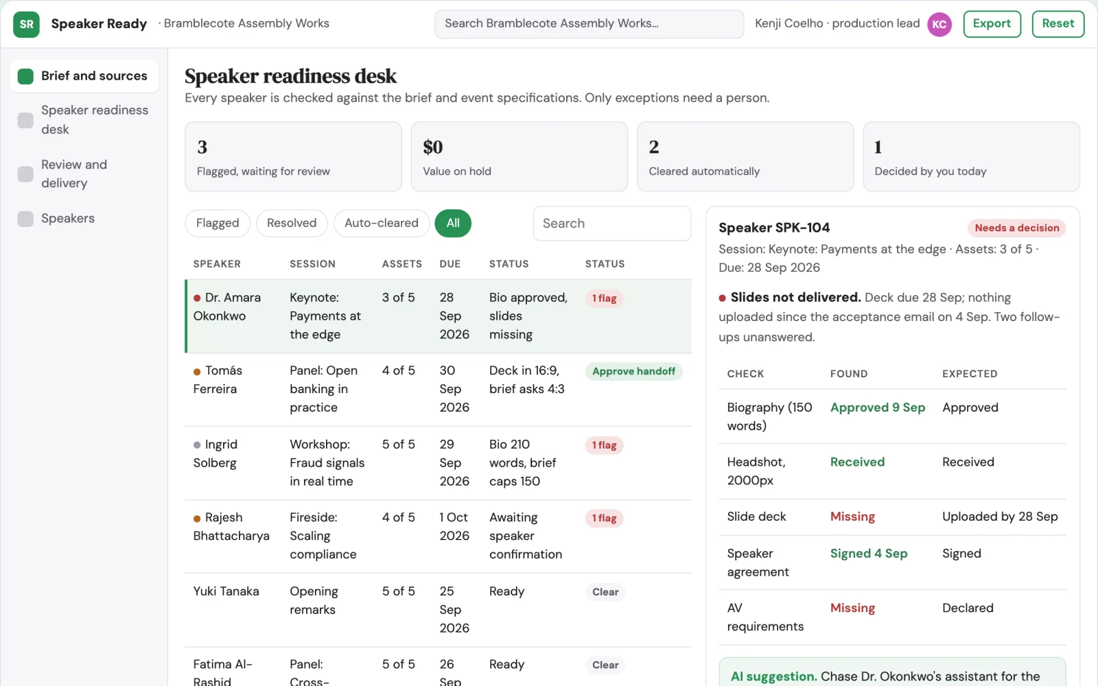 Screenshot of the Event speaker asset readiness desk interactive demo