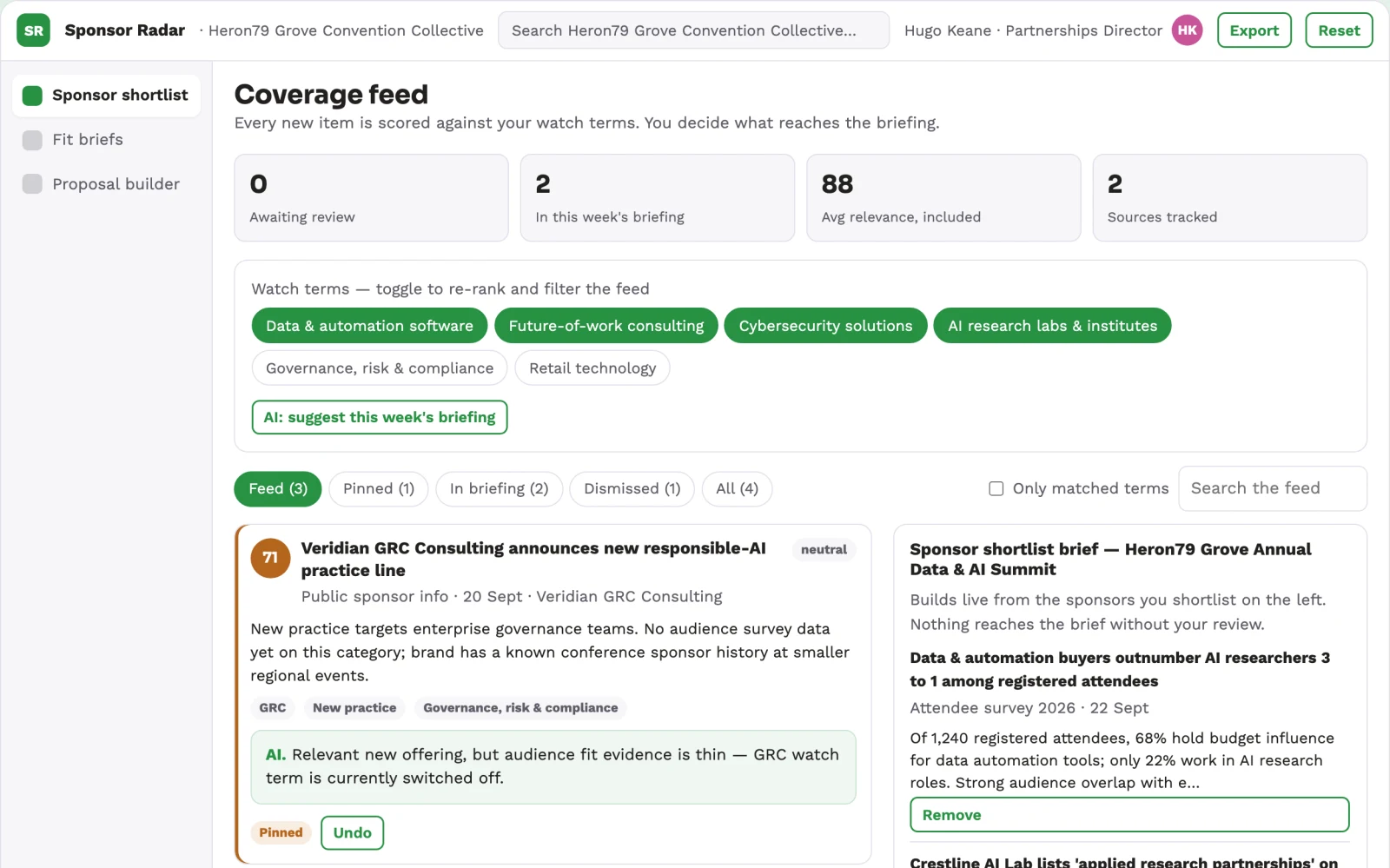 Demo screen of Event sponsor matching service