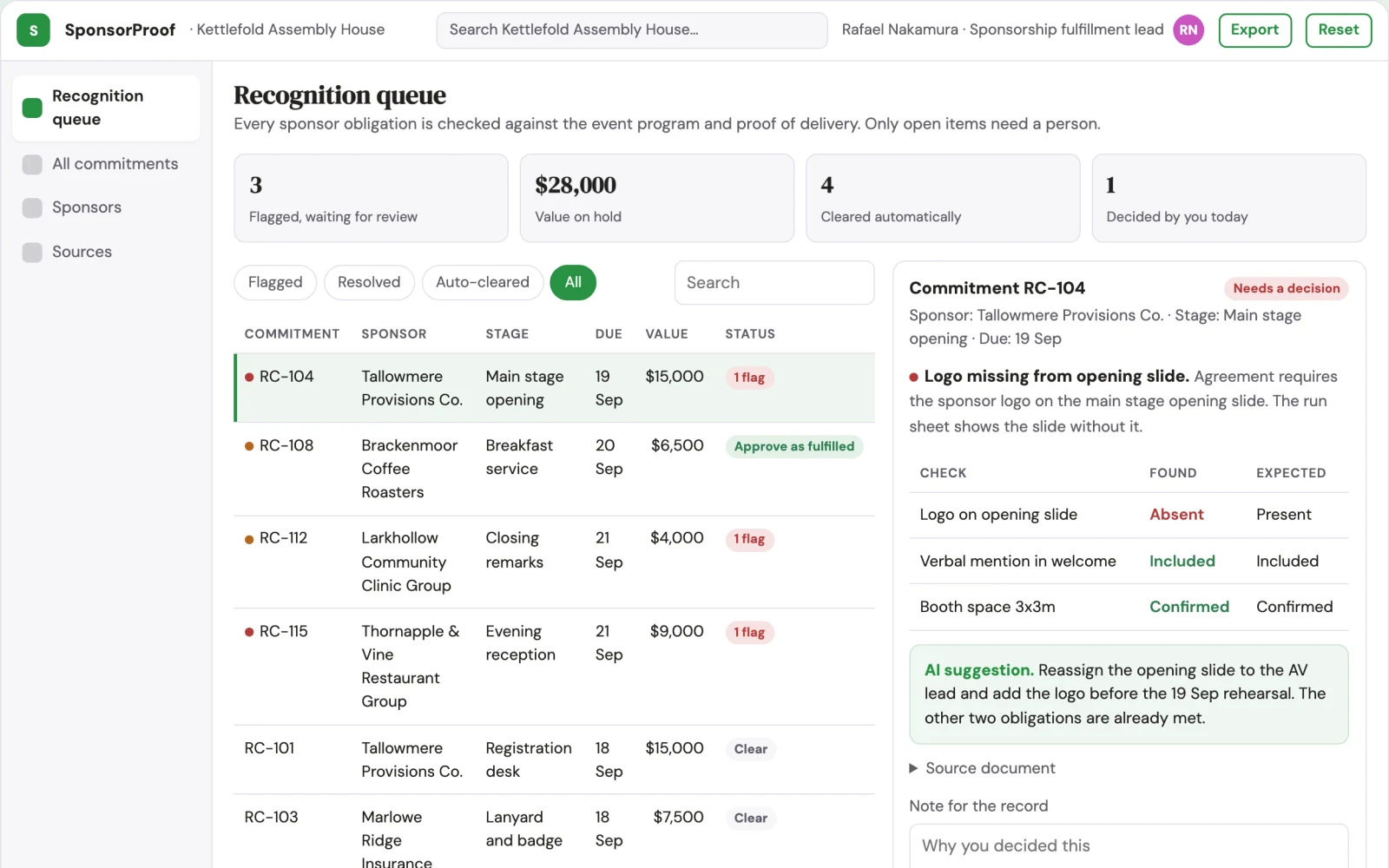 Screenshot of the Event sponsor recognition scheduler interactive demo