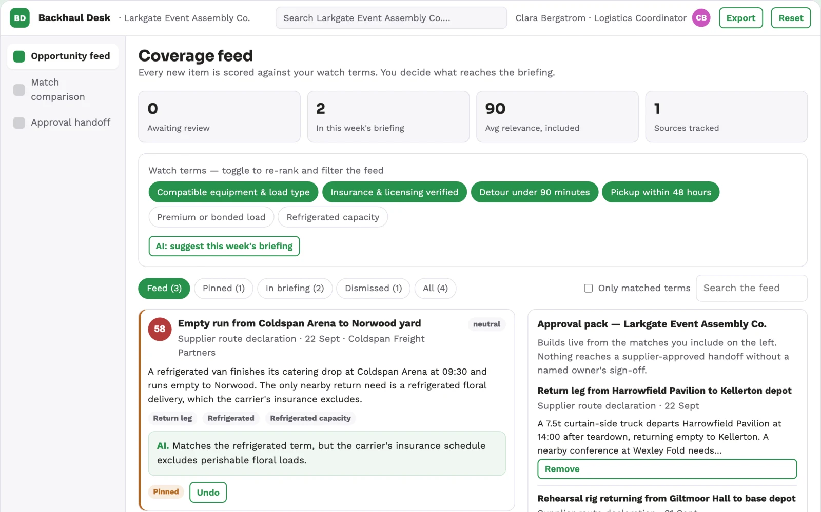 Screenshot of the Event supplier backhaul matcher interactive demo