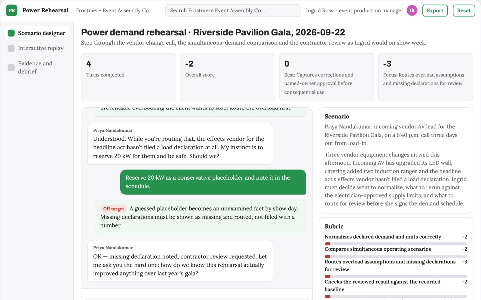 Screenshot of the Event temporary power demand rehearsal interactive demo