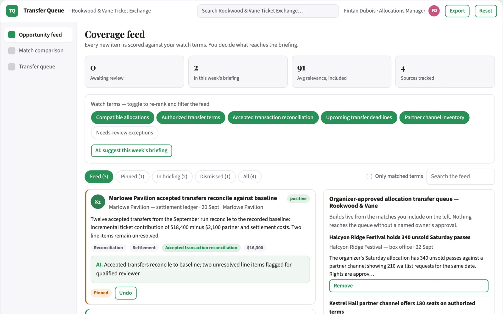 Screenshot of the Event ticket inventory exchange engine interactive demo