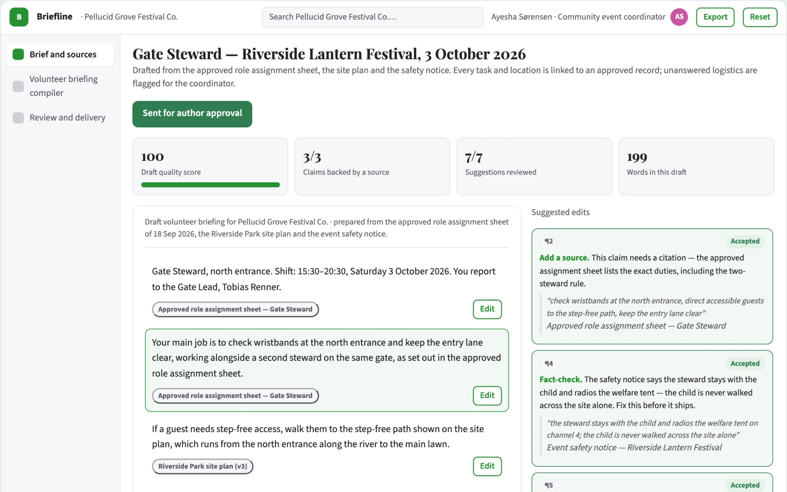 Screenshot of the Event volunteer briefing compiler interactive demo