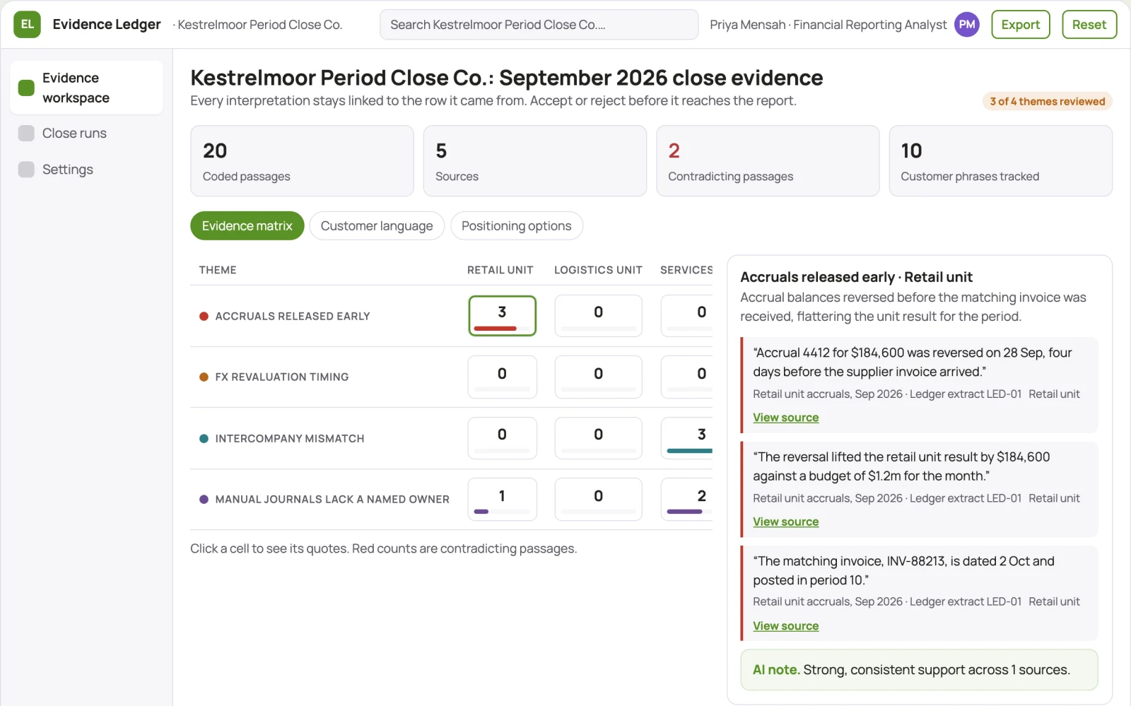 Screenshot of the Evidence-backed data analysis and reporting workspace interactive demo