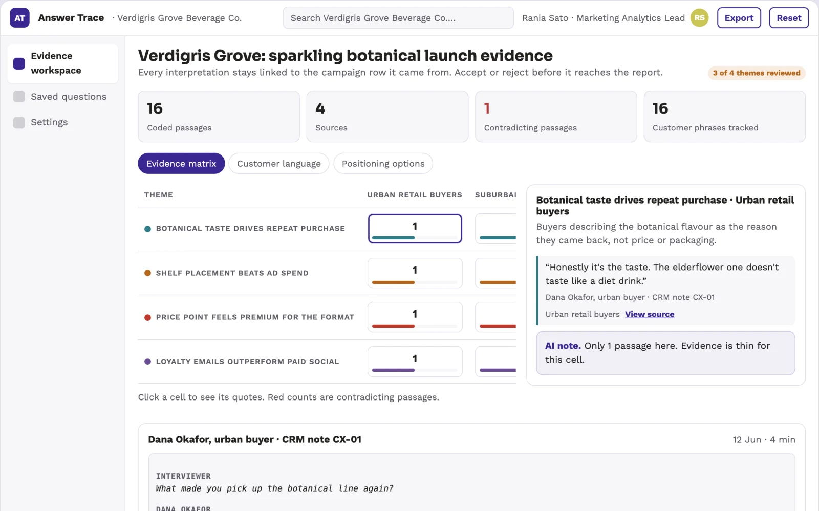 Screenshot of the Evidence-backed data question and reporting workspace interactive demo