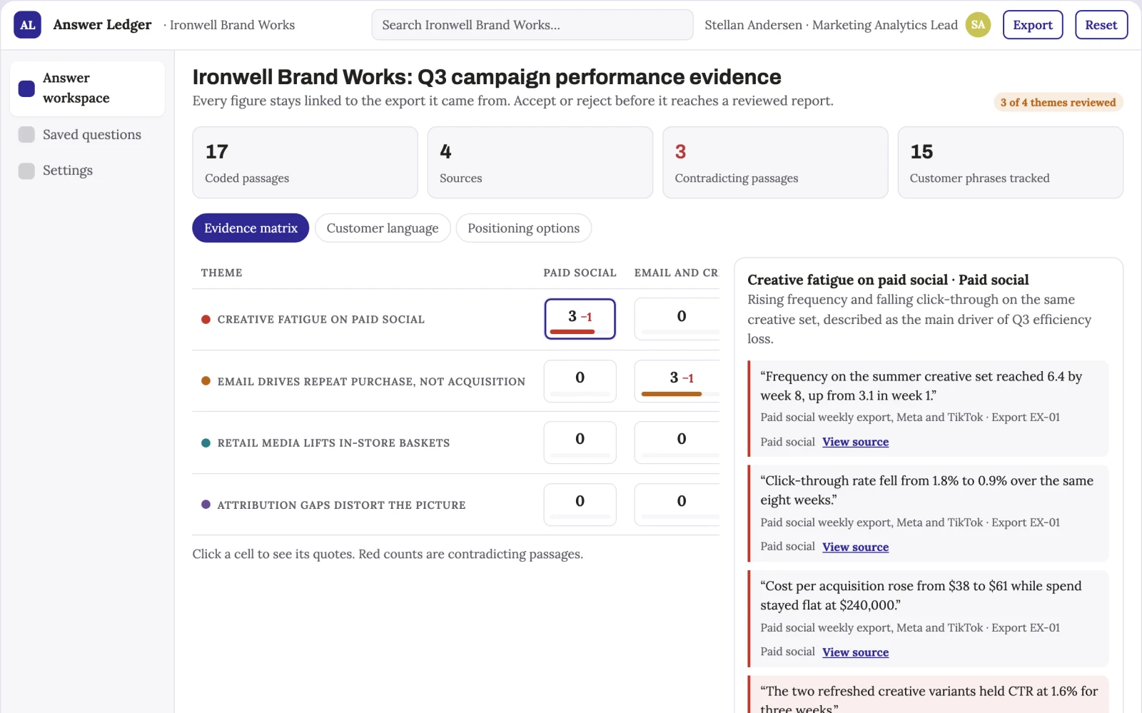 Screenshot of the Evidence-backed data question answering workspace interactive demo