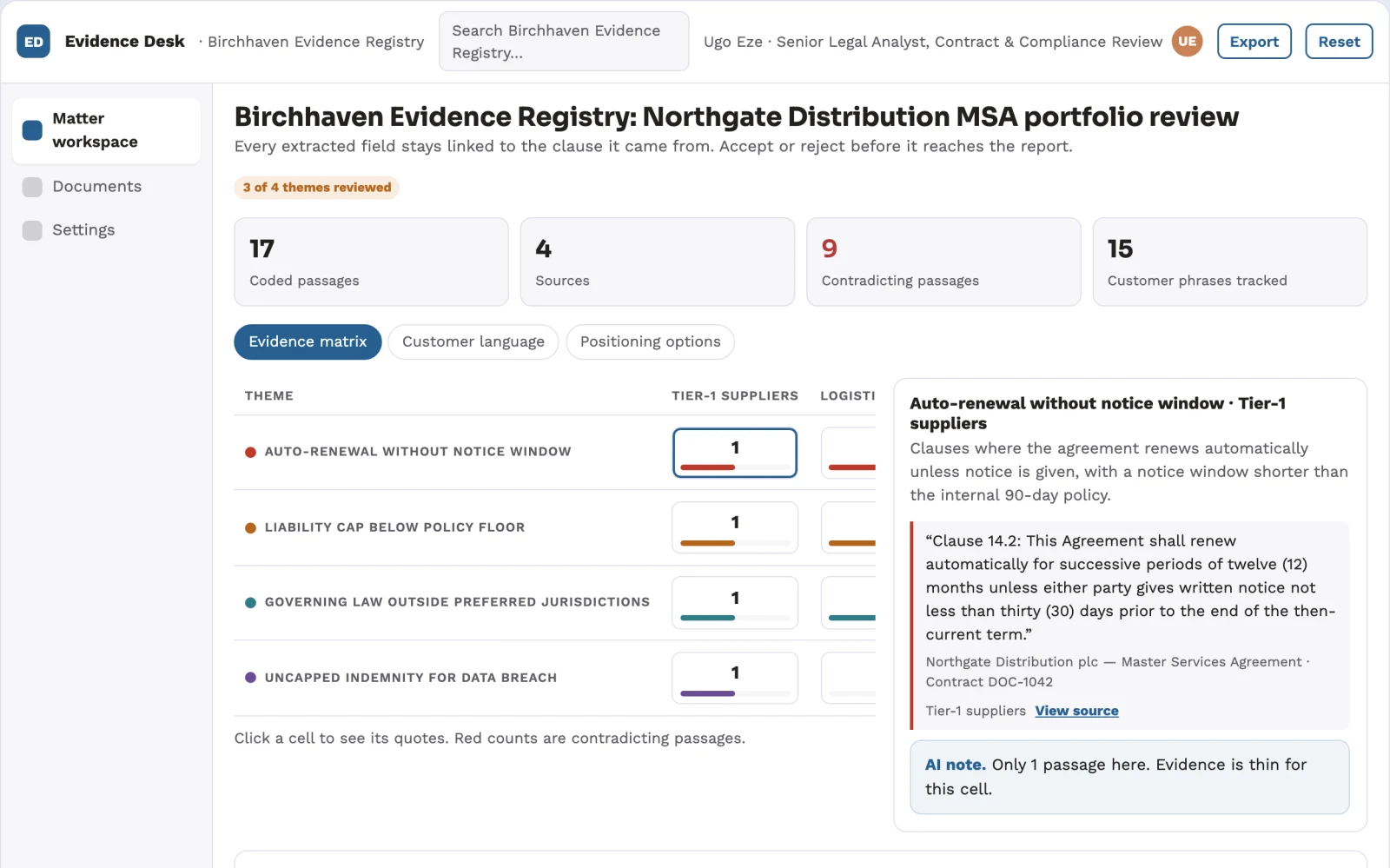 Screenshot of the Evidence-backed document analysis and reporting workspace interactive demo
