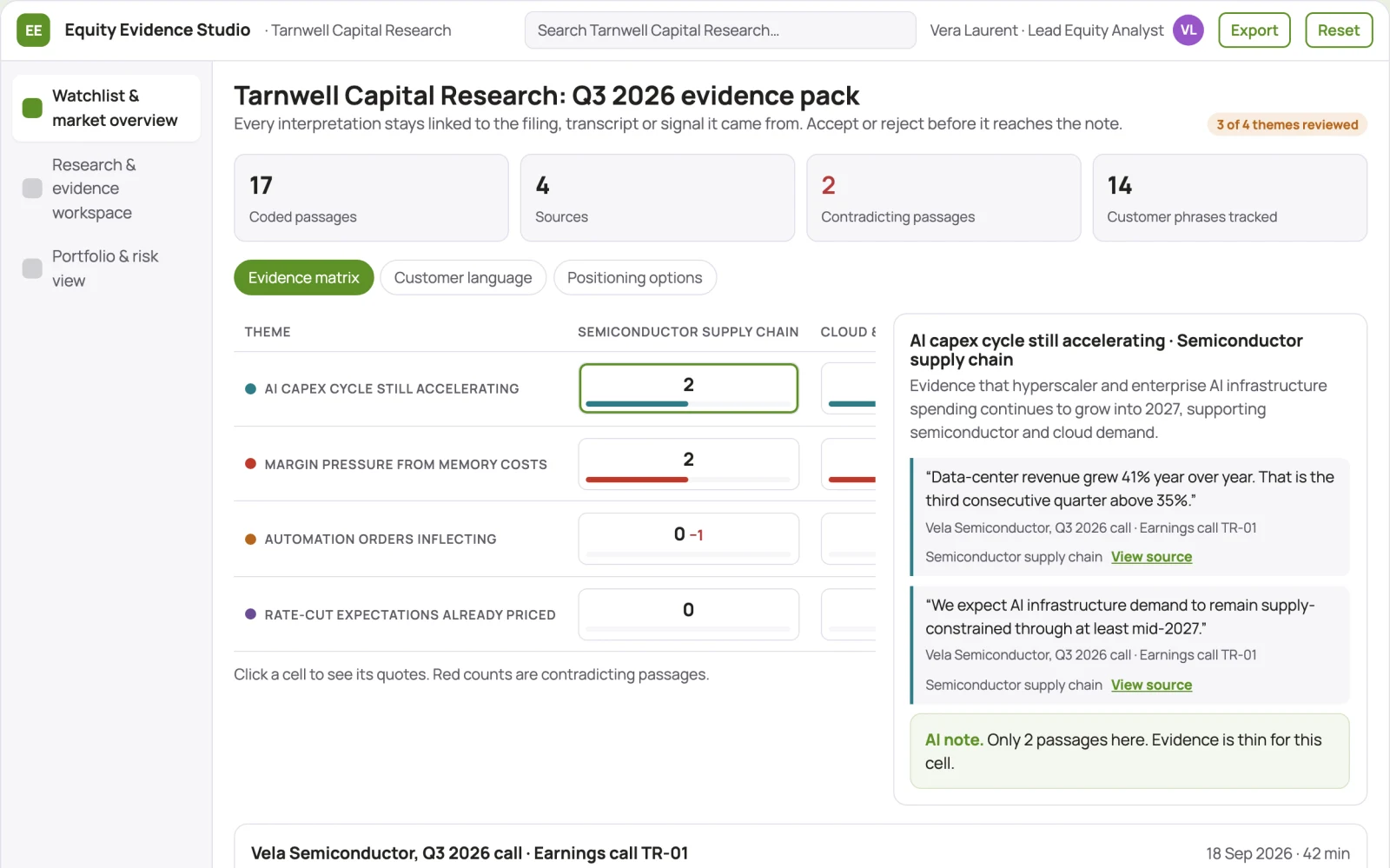 Screenshot of the Evidence-backed equity research and portfolio workspace interactive demo