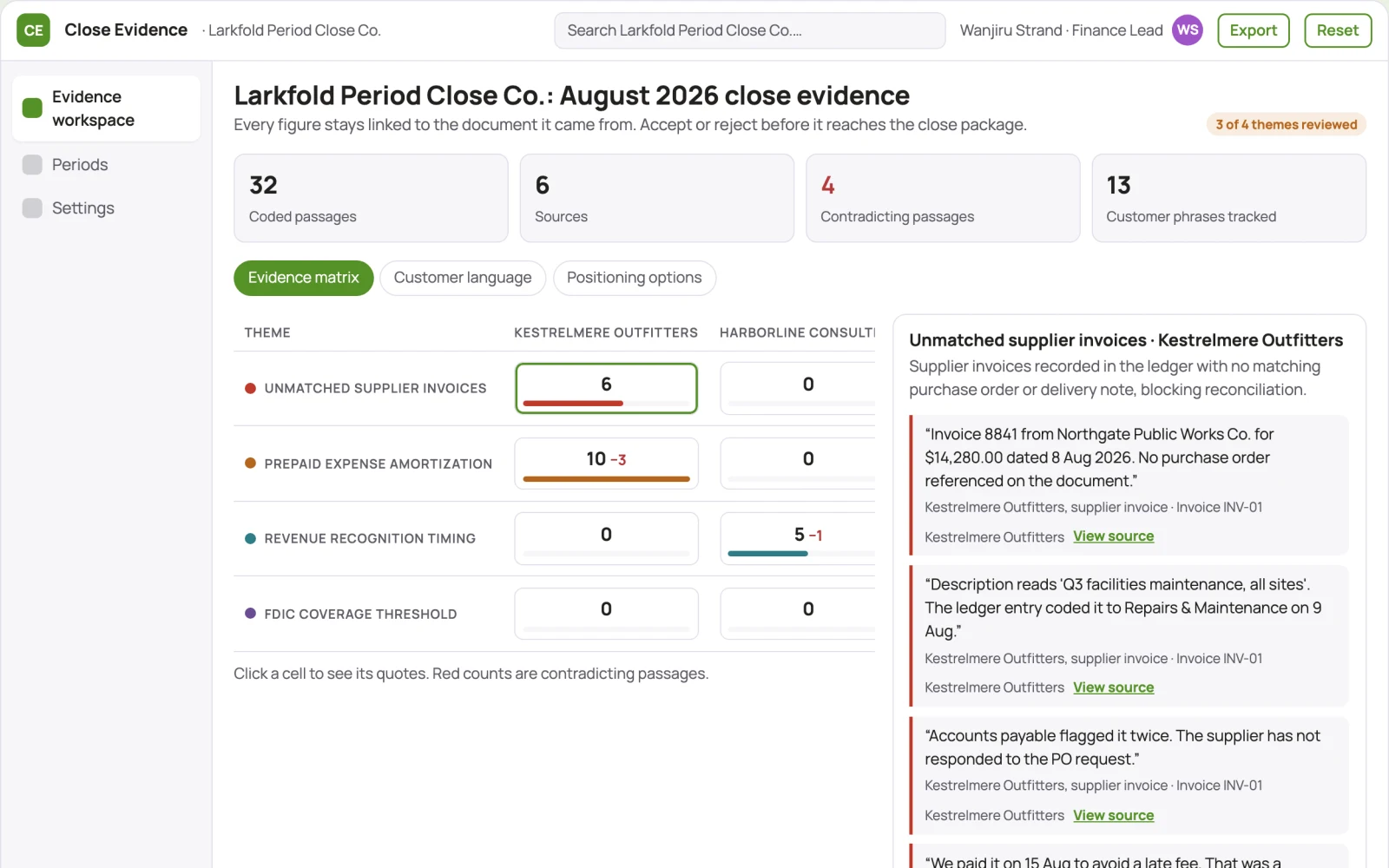 Screenshot of the Evidence-backed finance close and reporting workspace interactive demo