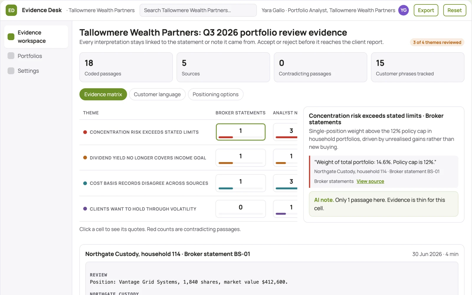 Screenshot of the Evidence-backed investment analysis and portfolio workspace interactive demo