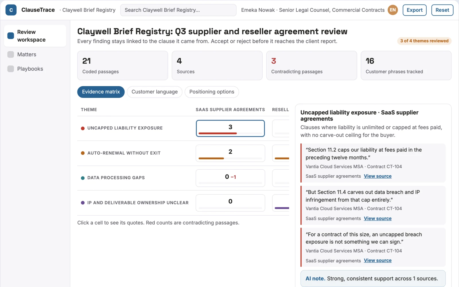 Screenshot of the Evidence-backed legal document review workspace interactive demo