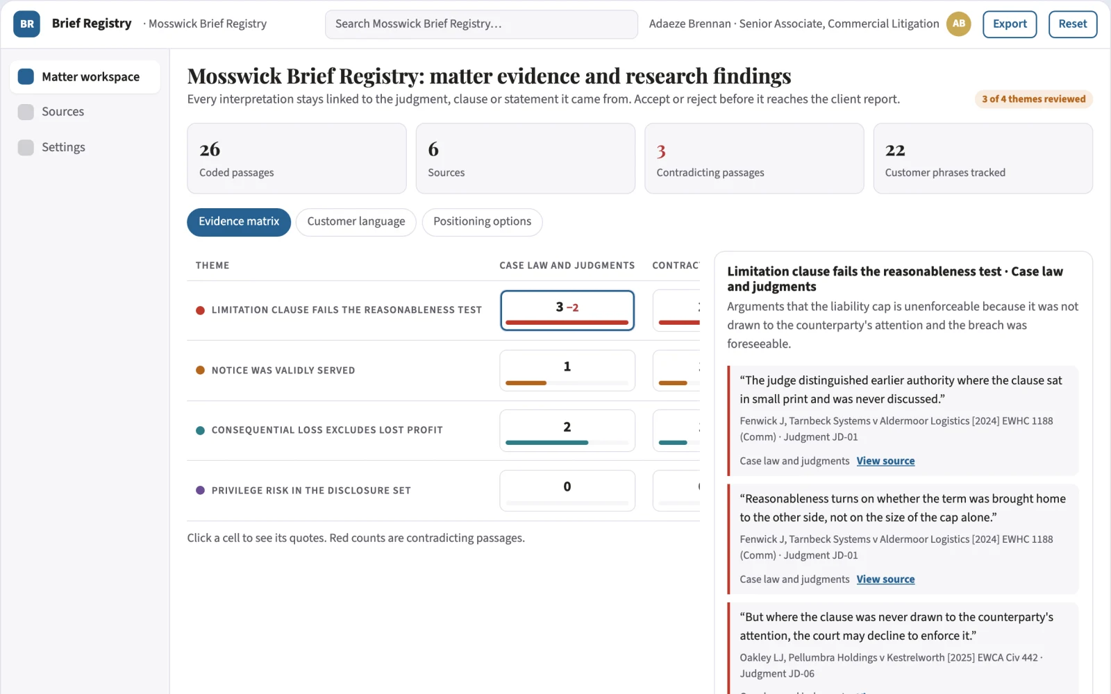 Screenshot of the Evidence-backed legal research and document review workspace interactive demo