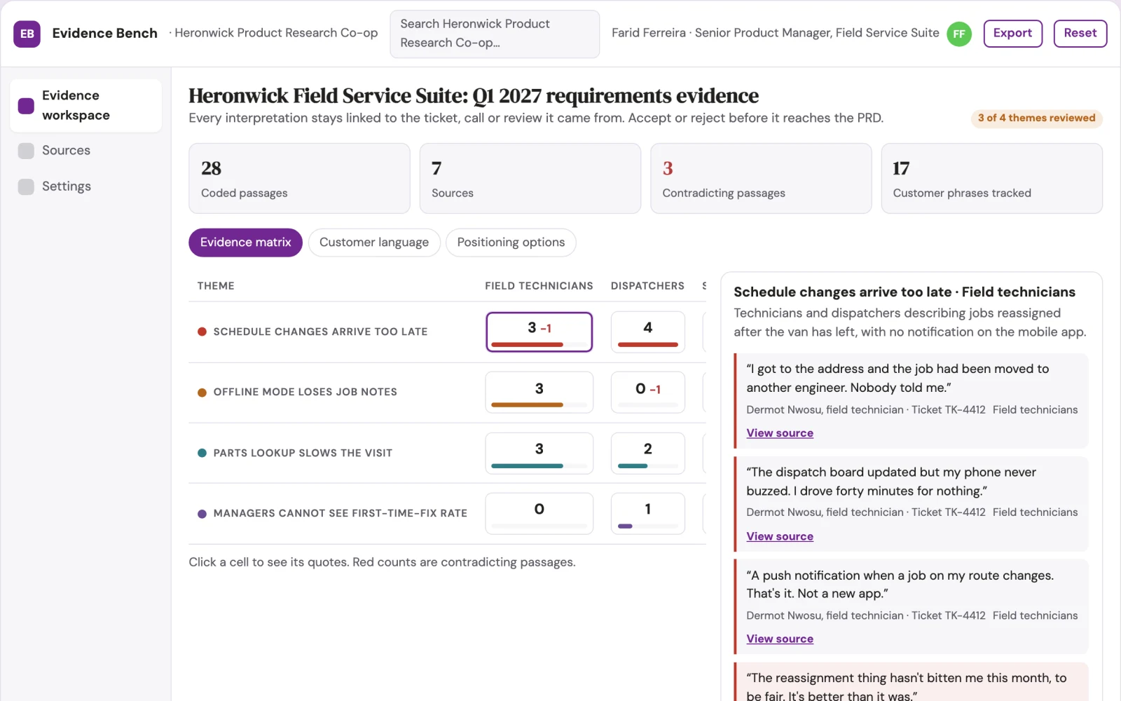 Screenshot of the Evidence-backed product feedback and content workbench interactive demo