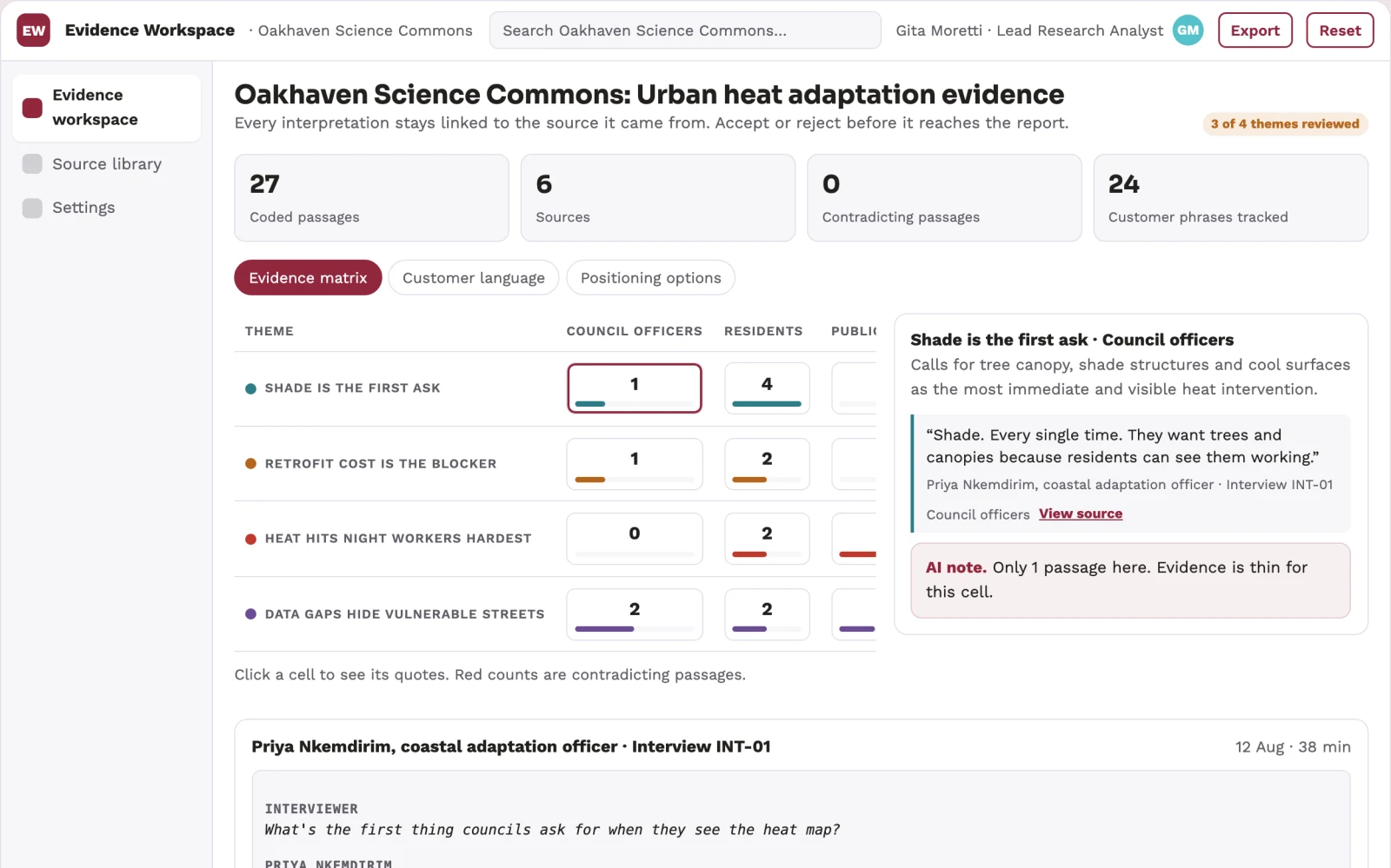 Screenshot of the Evidence-backed research and reporting workspace interactive demo