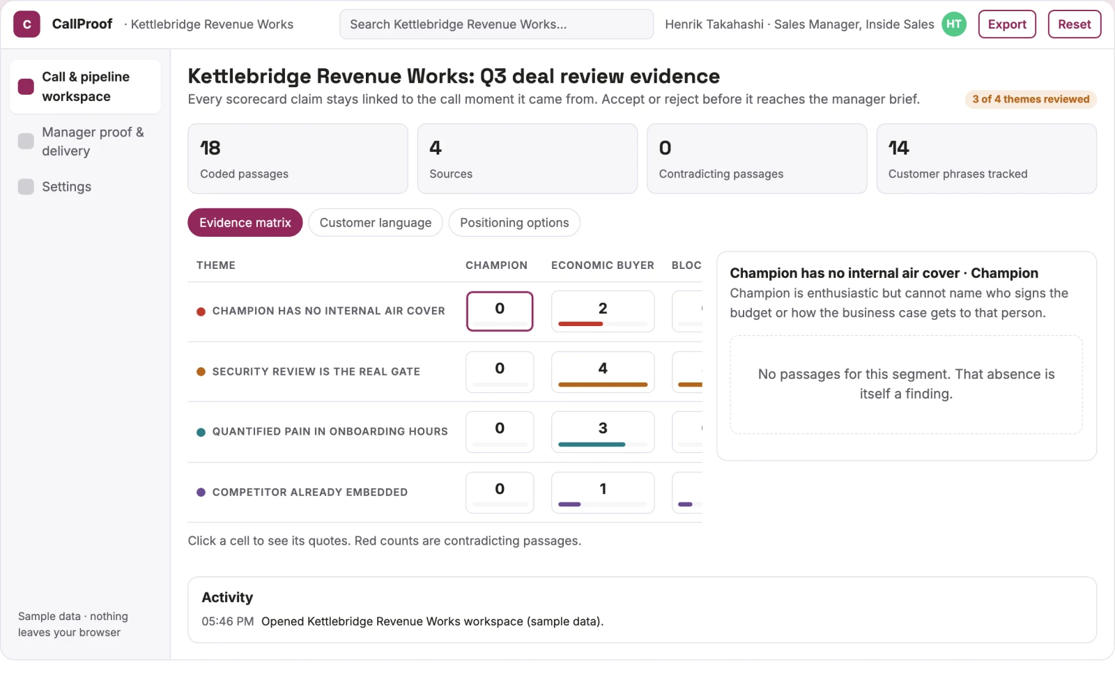 Screenshot of the Evidence-backed sales call and pipeline workbench interactive demo