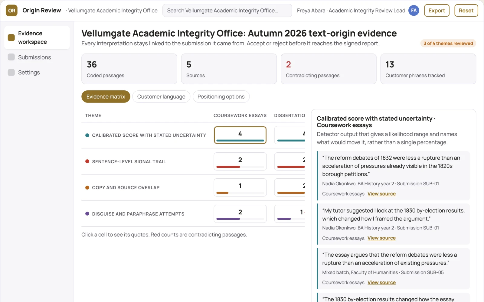 Screenshot of the Evidence-backed text origin review workspace interactive demo
