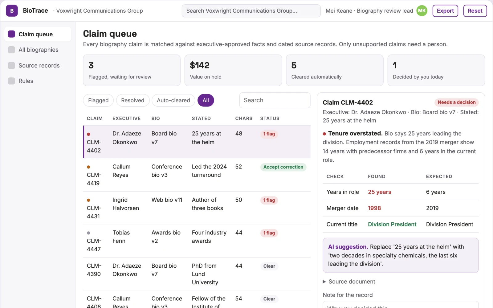 Screenshot of the Executive biography source checker interactive demo