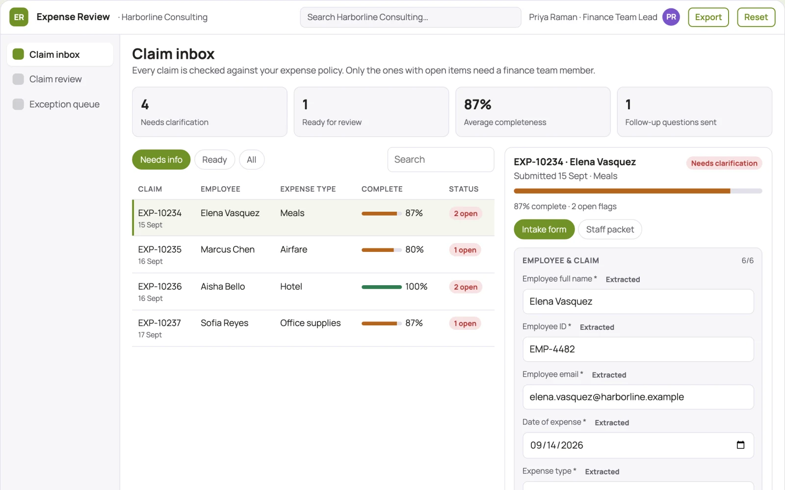 Screenshot of the Expense Claim Review Assistant interactive demo