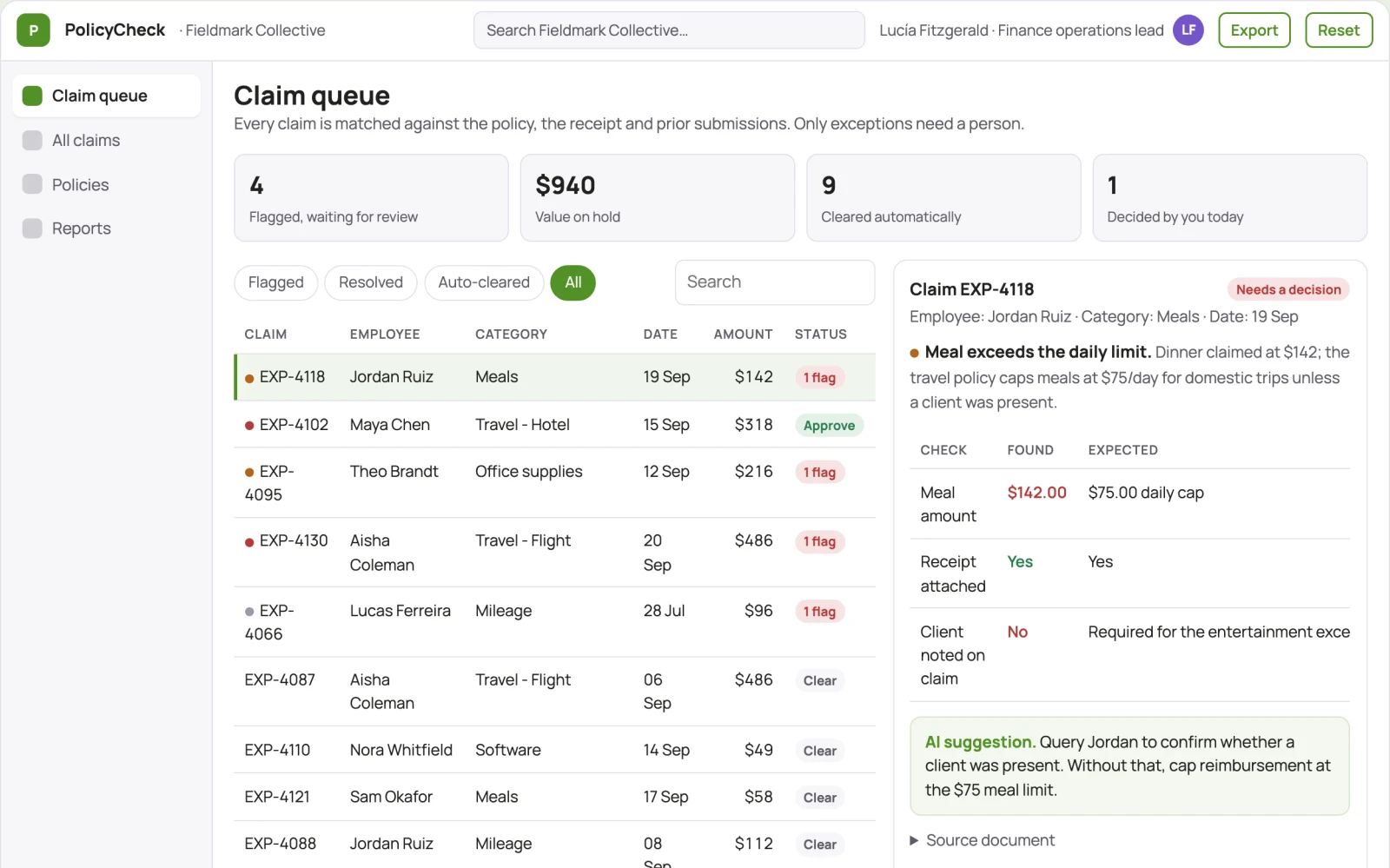 Demo screen of Expense policy assistant