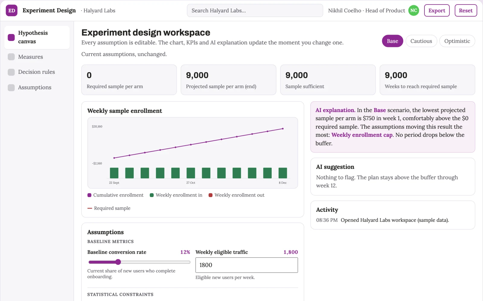 Demo screen of Experiment design assistant