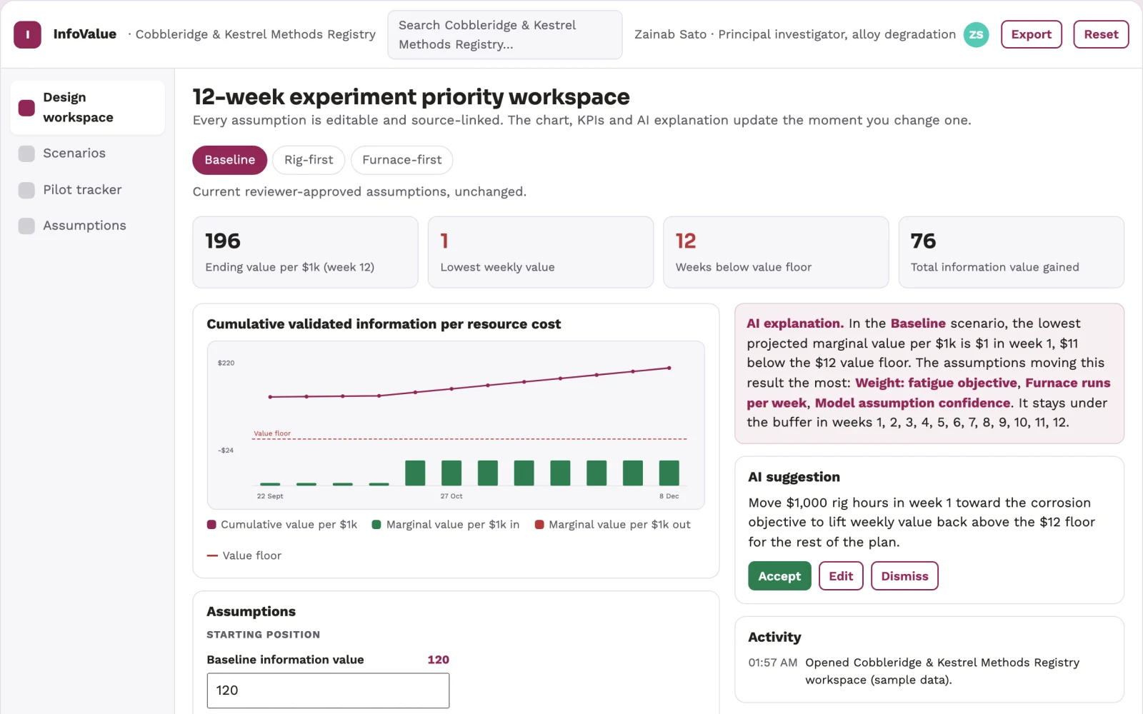 Screenshot of the Experimental design information-value workbench interactive demo
