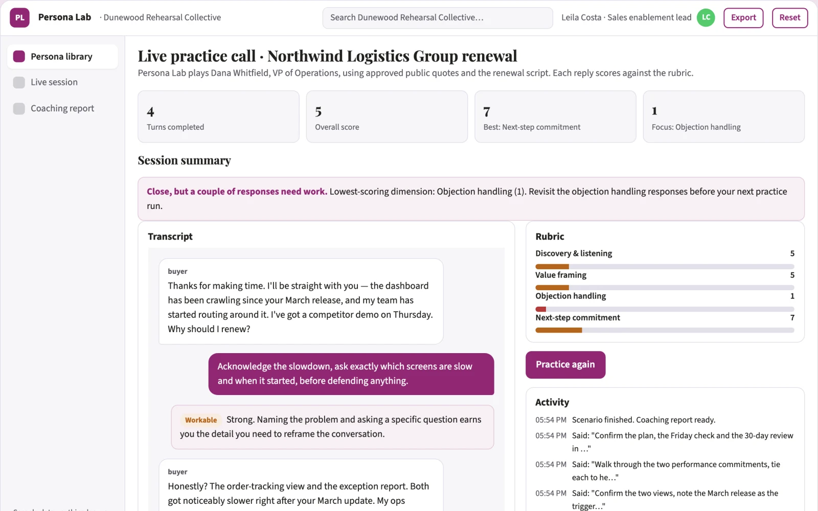Screenshot of the Expert persona practice and coaching platform interactive demo