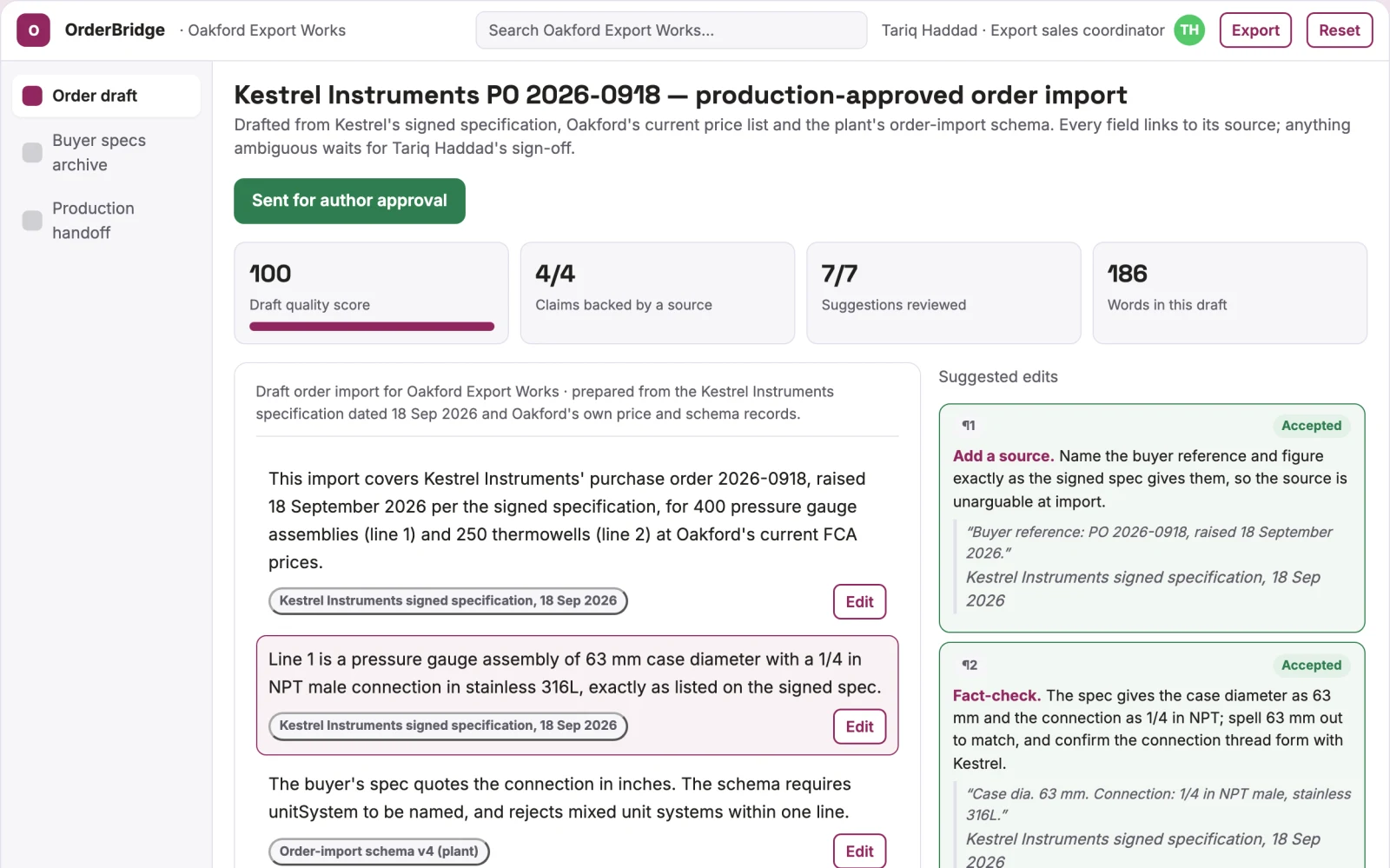Screenshot of the Export sales document-to-order bridge interactive demo