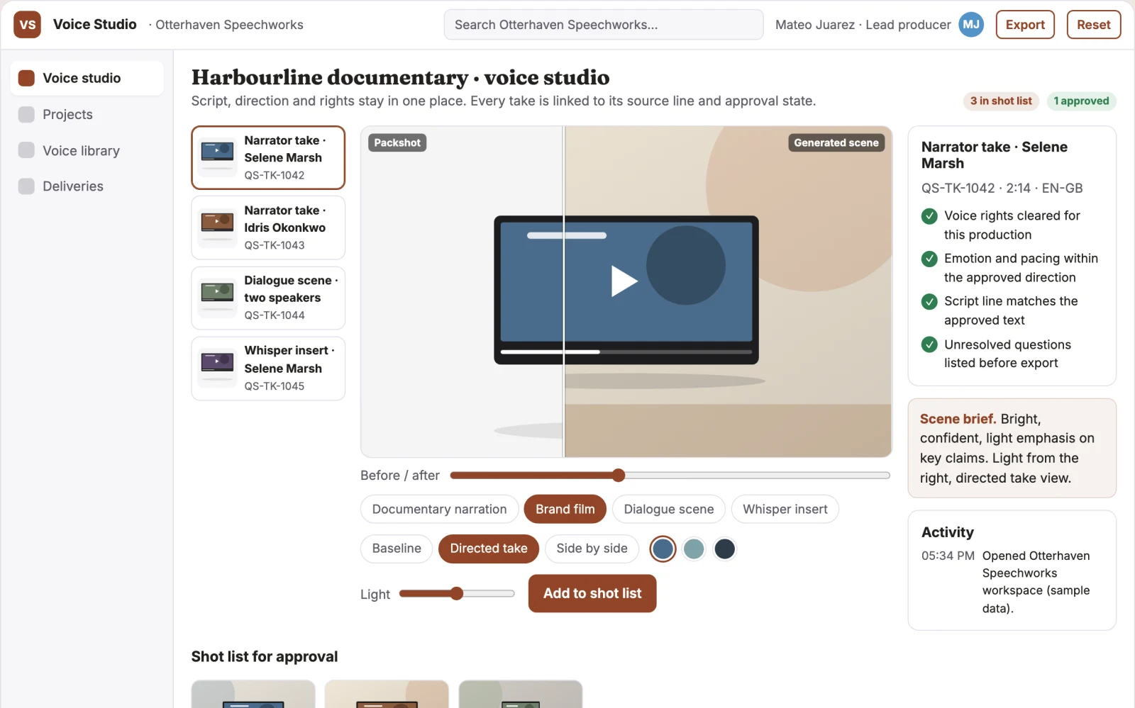 Screenshot of the Expressive voiceover production and review studio interactive demo