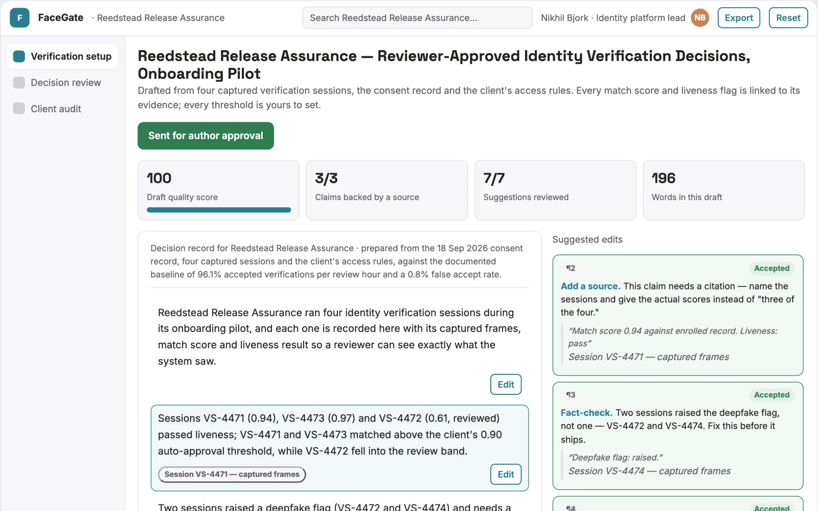Screenshot of the Face identity verification delivery workspace interactive demo