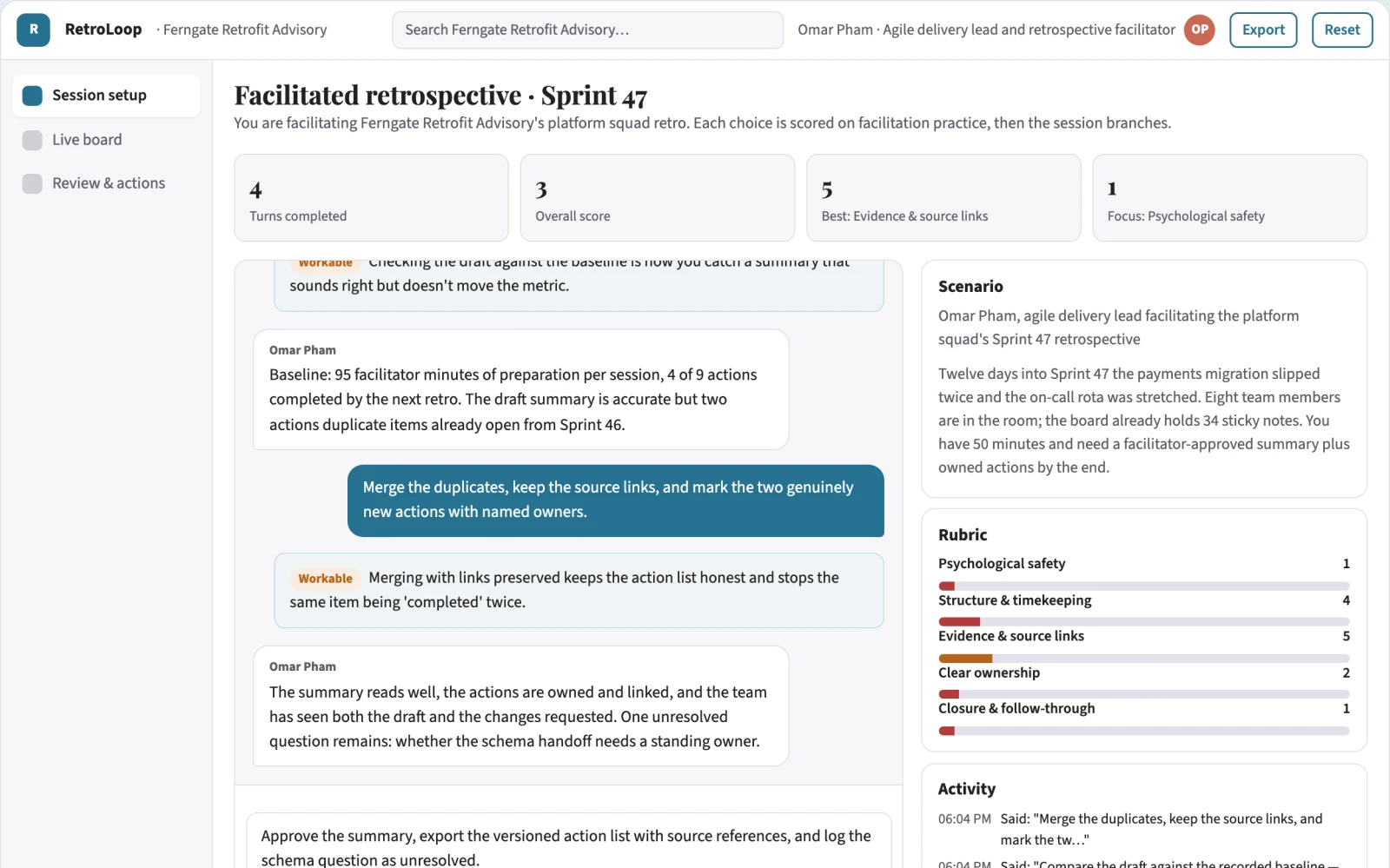 Screenshot of the Facilitated retrospective insight and action workbench interactive demo