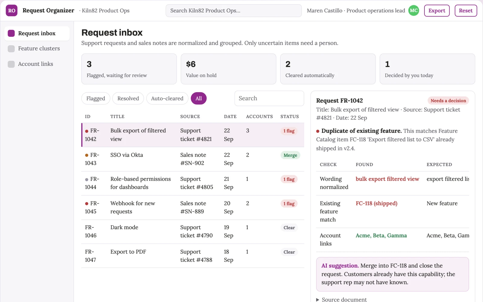 Demo screen of Feature request organizer