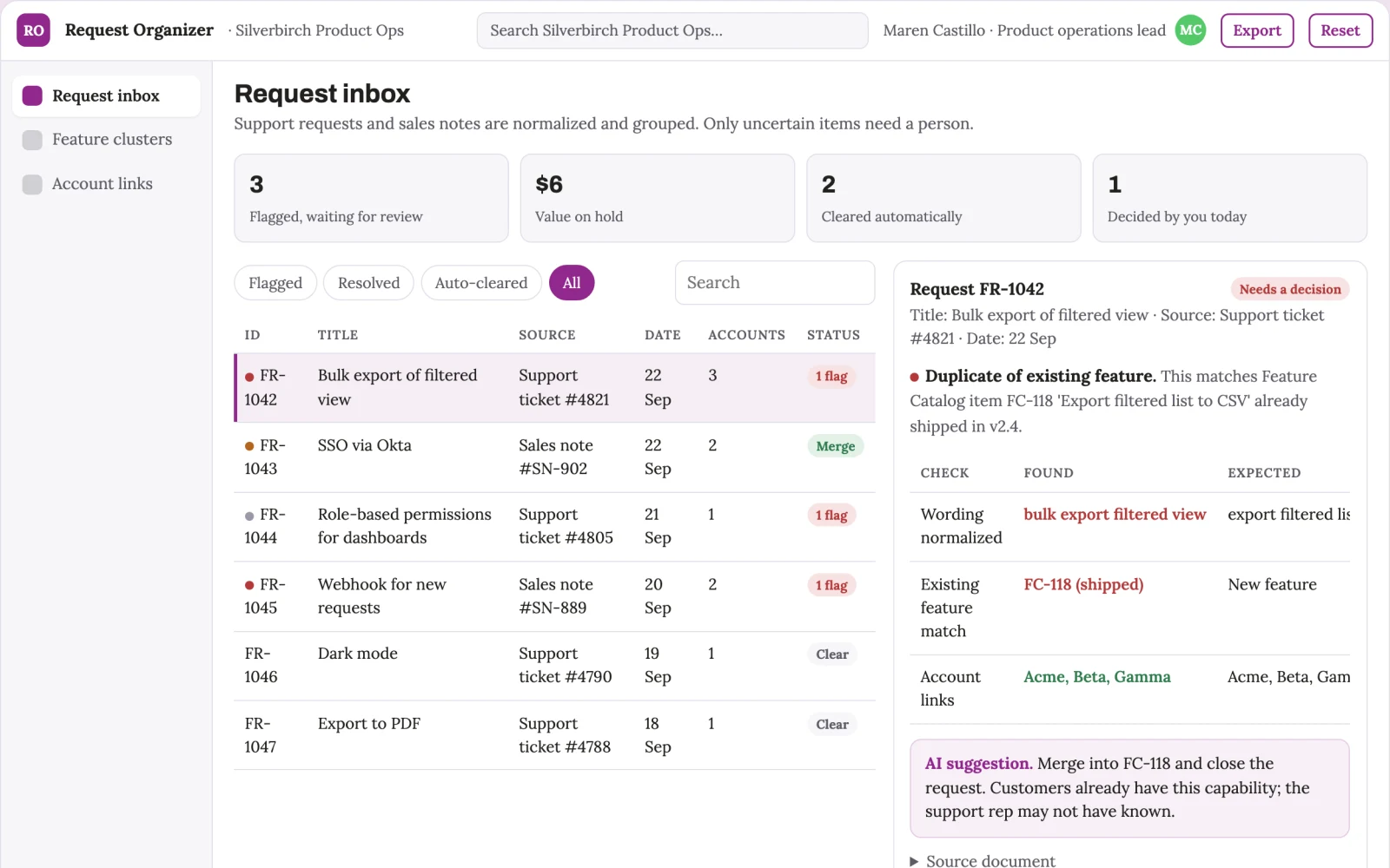 Screenshot of the Feature request organizer interactive demo