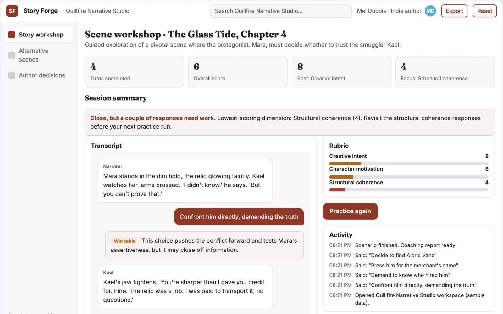 Demo screen of Fiction development workshop