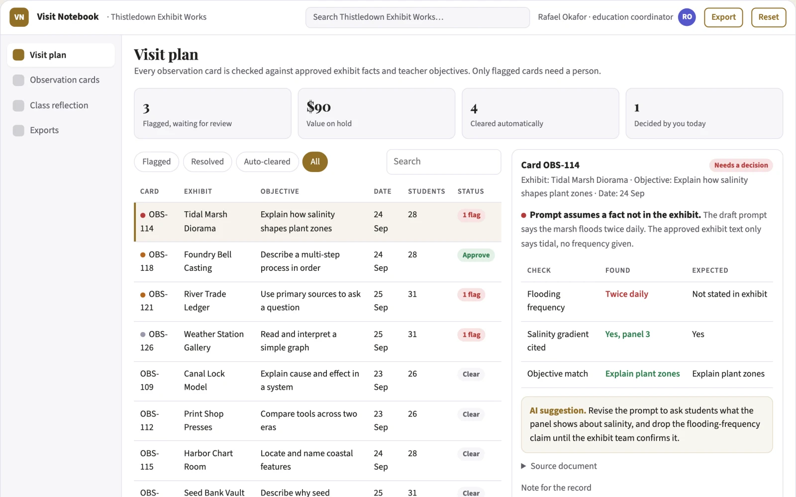 Screenshot of the Field-trip learning evidence notebook interactive demo