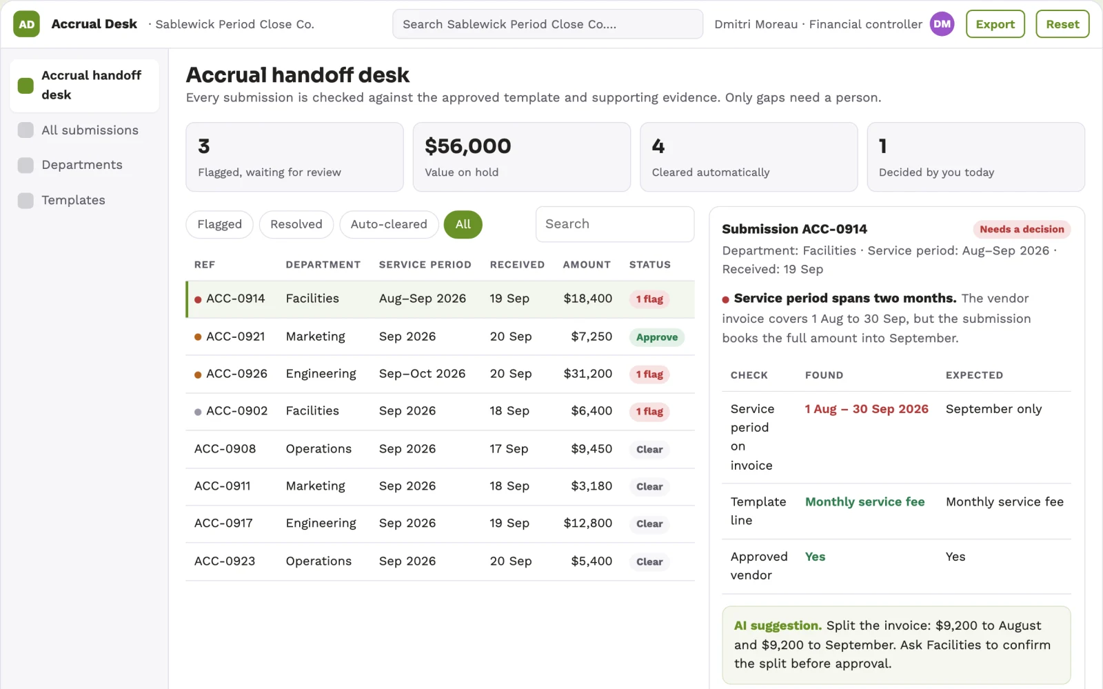 Screenshot of the Finance accrual handoff desk interactive demo