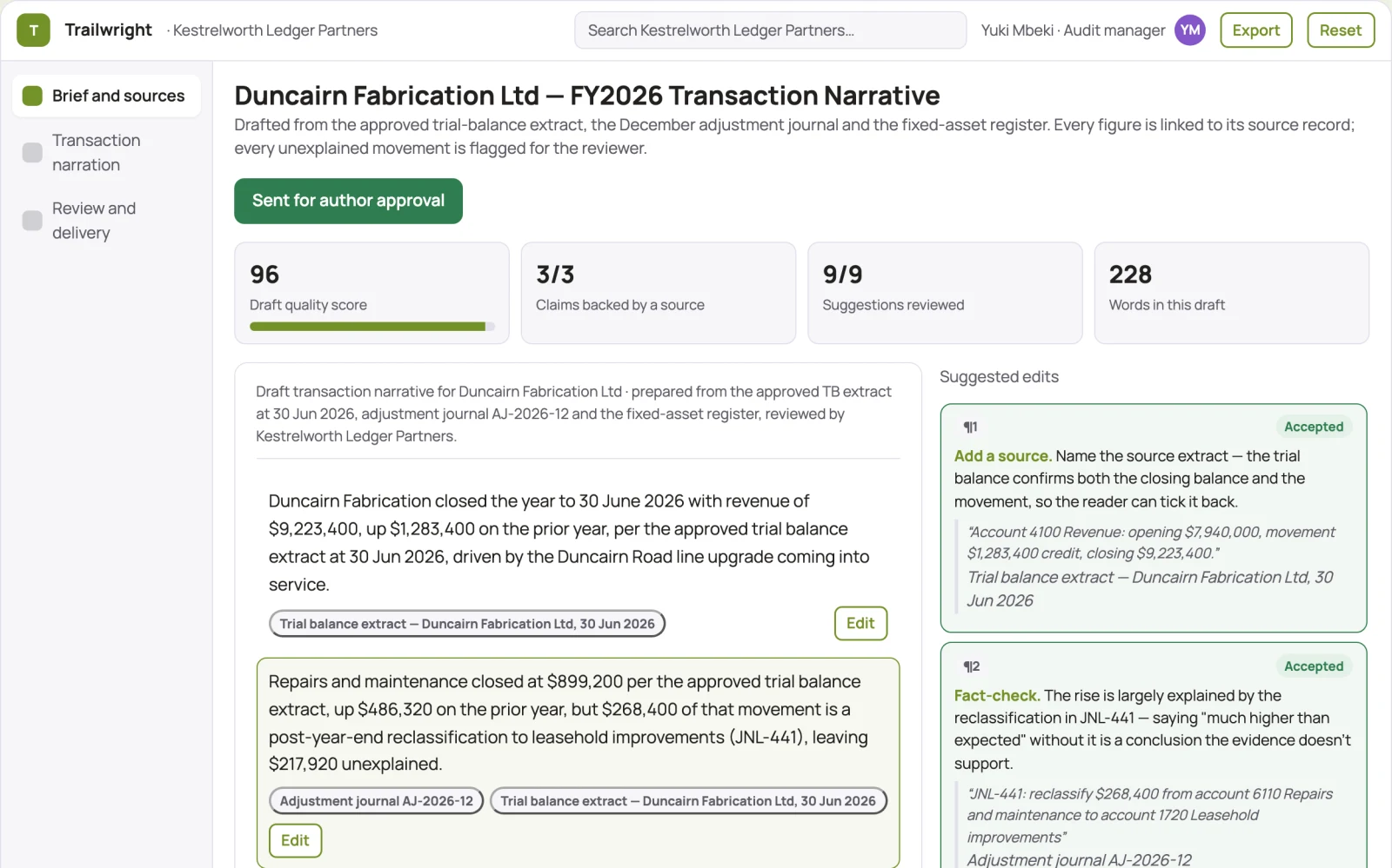 Screenshot of the Finance audit-trail narration interactive demo