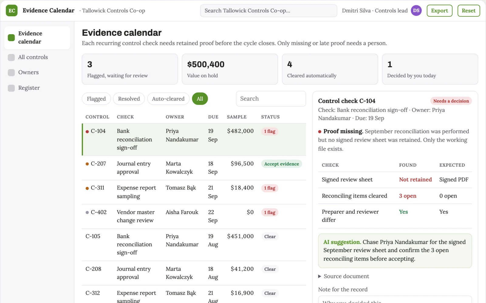 Screenshot of the Finance control evidence calendar interactive demo