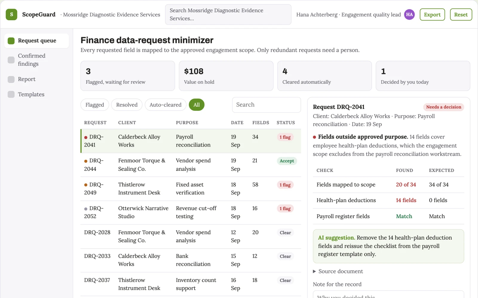 Screenshot of the Finance data-request minimizer interactive demo