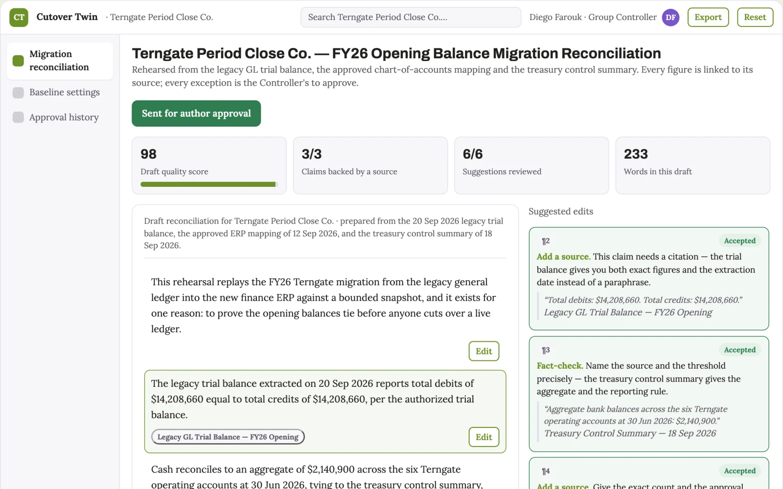 Screenshot of the Finance ERP cutover reconciliation twin interactive demo