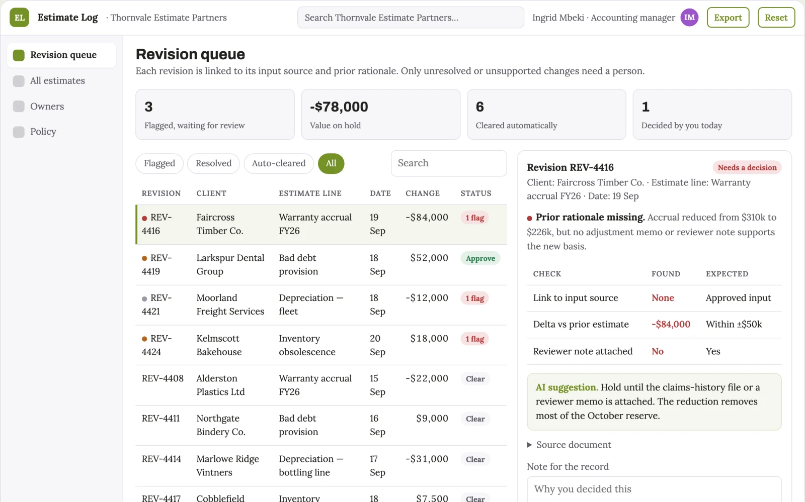 Screenshot of the Finance estimate revision log interactive demo