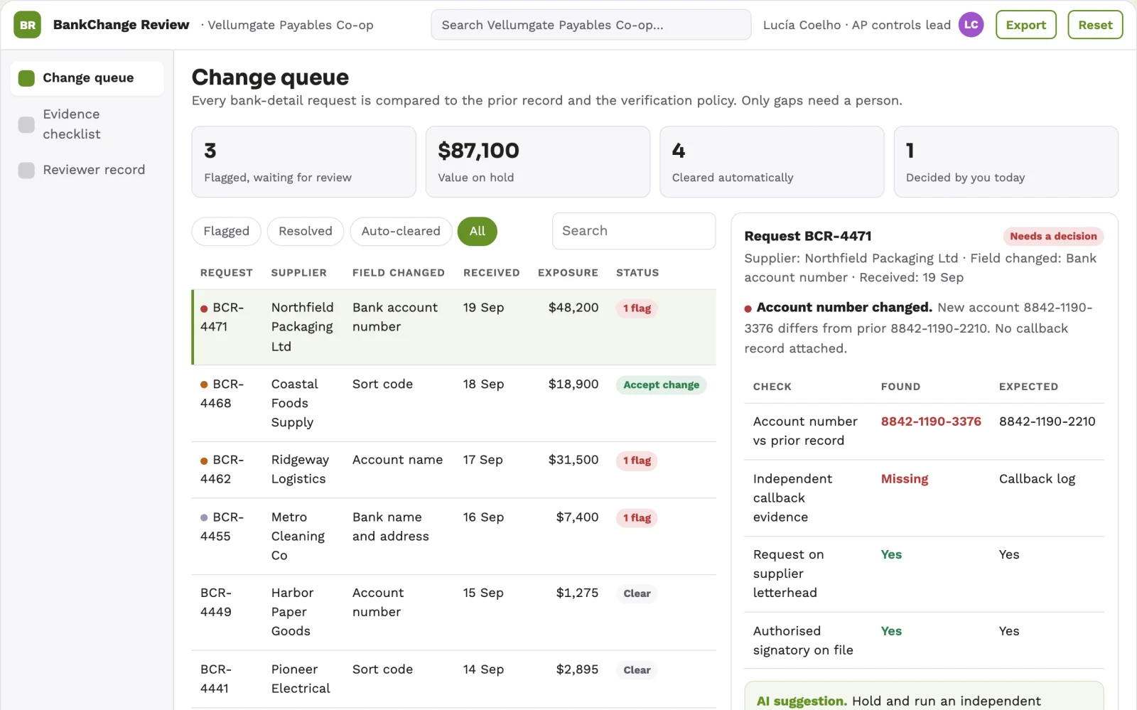 Screenshot of the Finance master-data change reviewer interactive demo