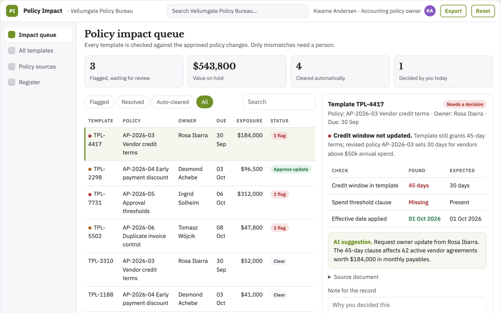 Screenshot of the Finance policy version impact desk interactive demo