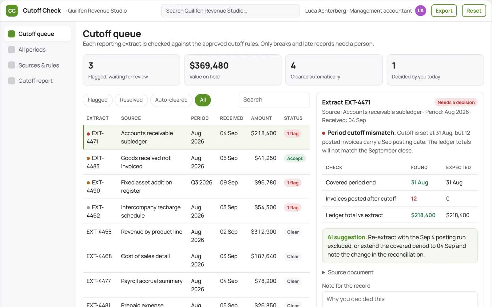 Screenshot of the Finance reporting cutoff checker interactive demo