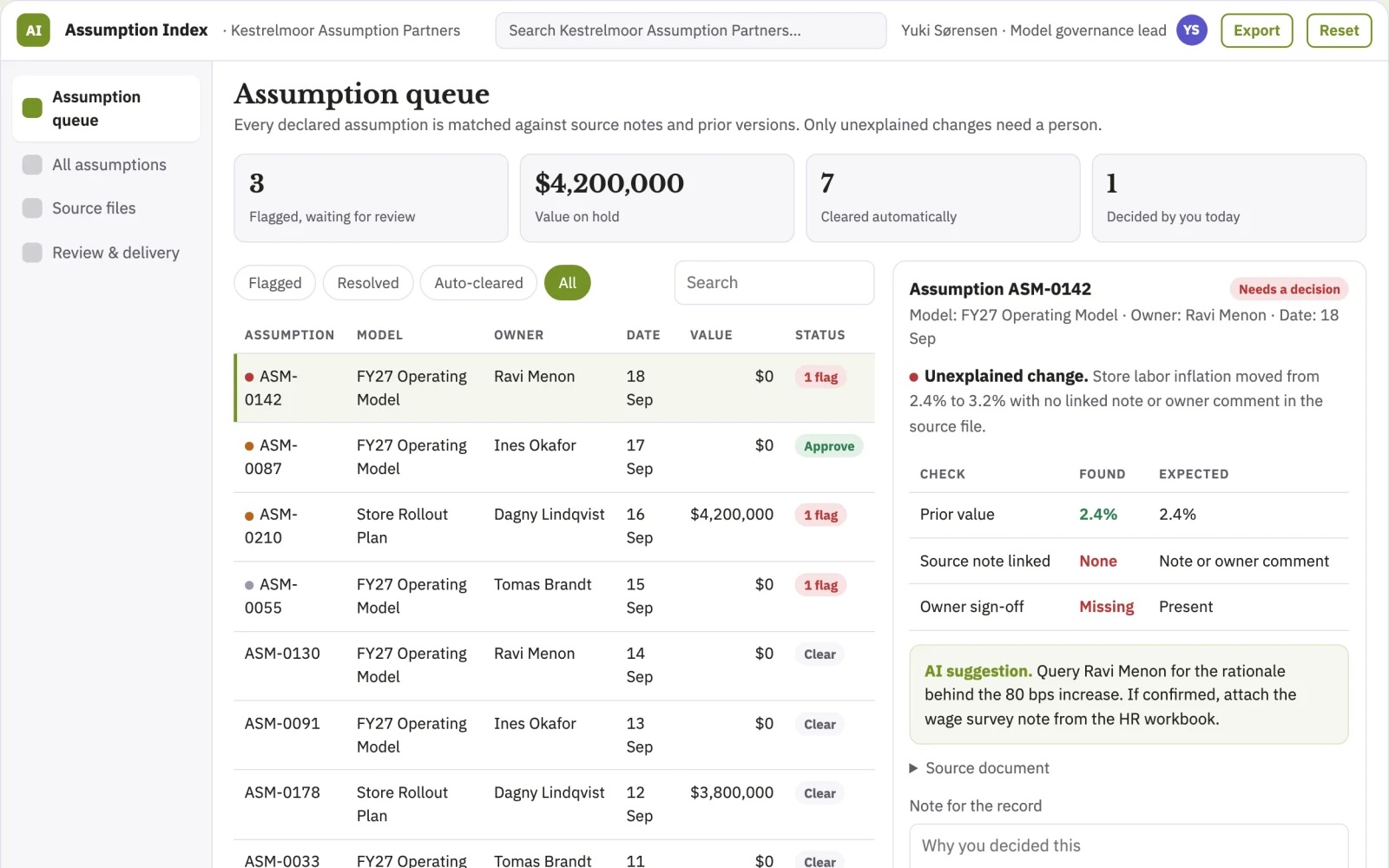 Screenshot of the Finance spreadsheet assumption index interactive demo