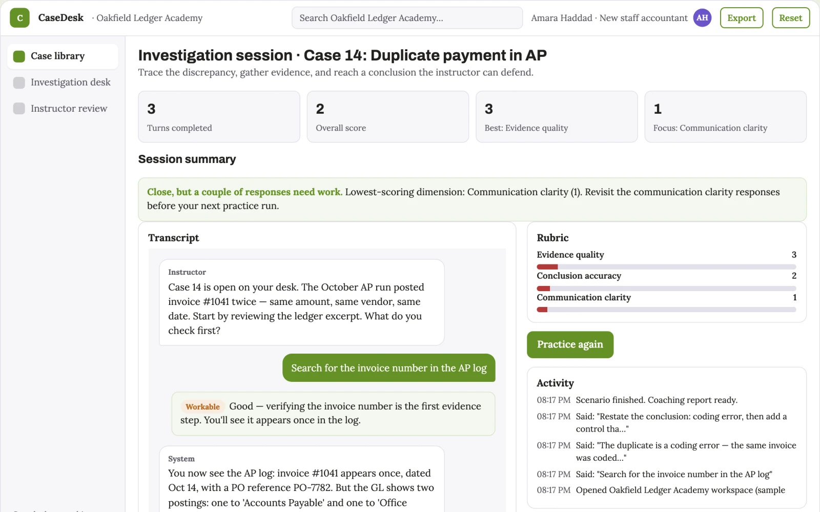Demo screen of Finance team training simulator