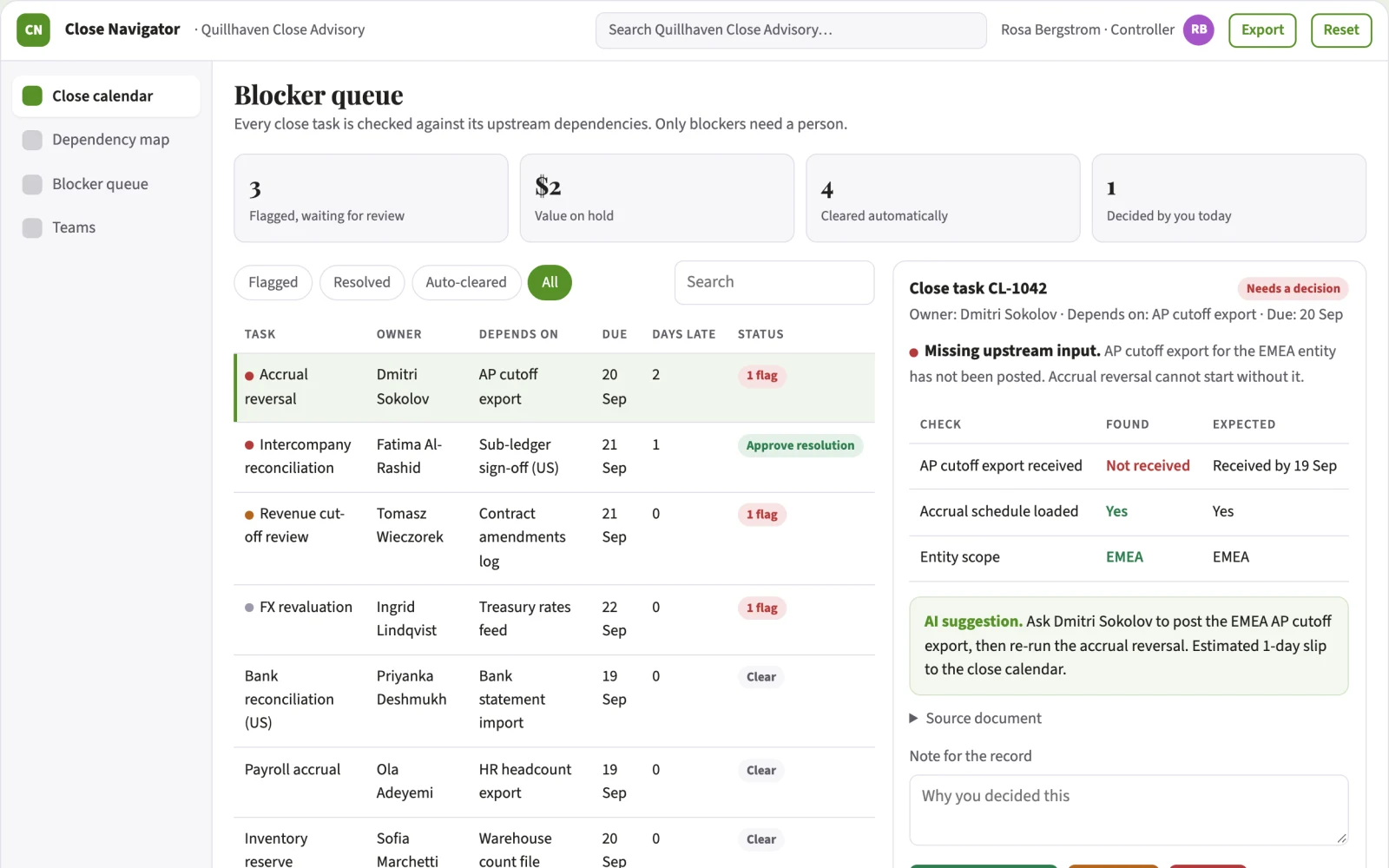 Screenshot of the Financial close dependency navigator interactive demo