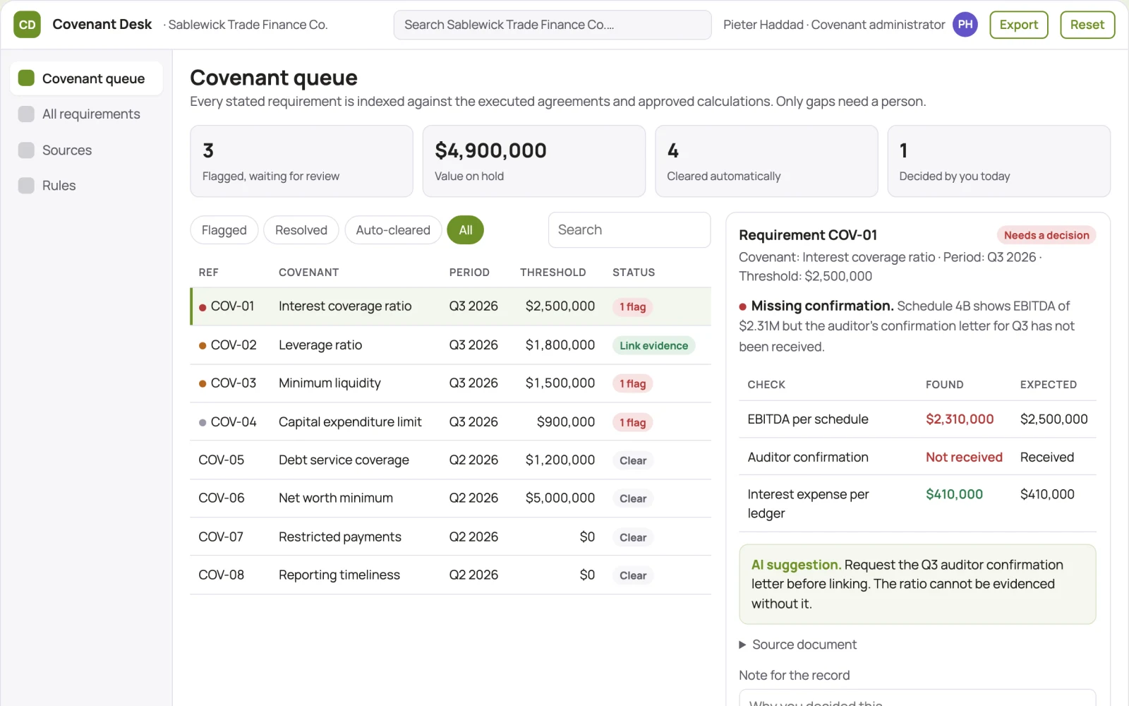 Screenshot of the Financial covenant evidence organizer interactive demo